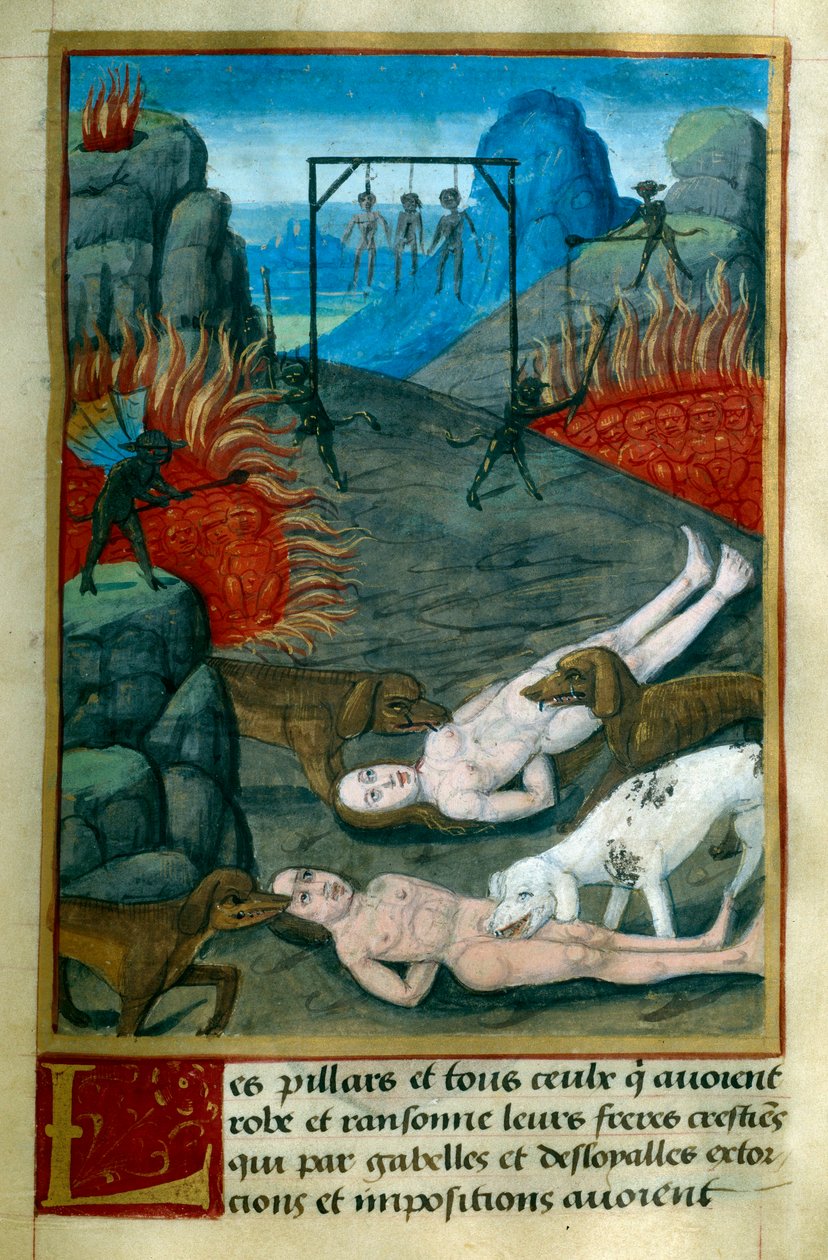 Zloději a lupiči jsou v pekle trestáni oběšením, upálením a sežráním psy. Miniatura z knihy "Le Tresor de Sapience" od Jeana Gersona (1363-1429), 15. století Chantilly, Musee Conde. od French School