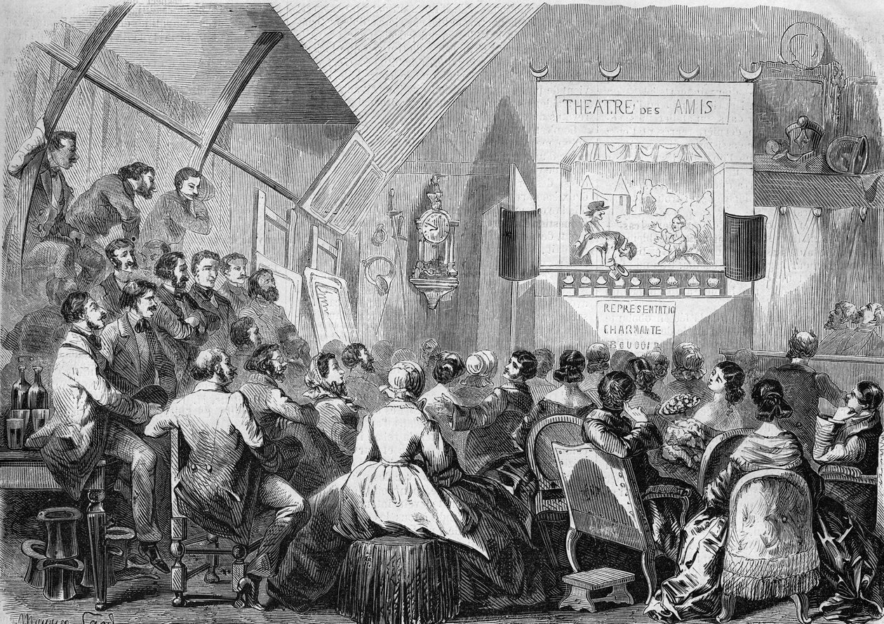 Loutkové divadlo v roce 1858. Reprezentace v dílně Maurice Sanda (1823-1889) 12 rue Boursault v Paříži. od French School