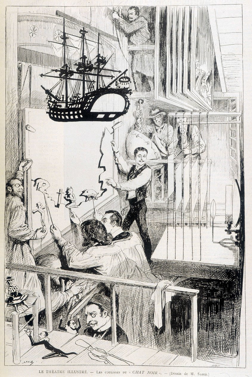 Loutkáři v zákulisí Chat Noir, pařížský kabaret - v „Le Monde illustré““ z 28. 1. 1888. od French School