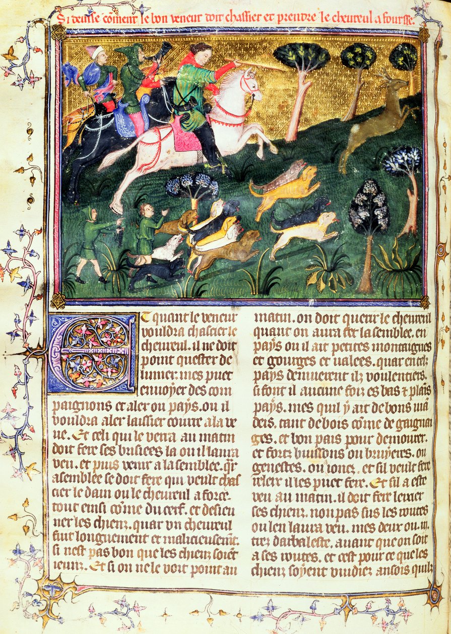 Pronásledování srnce, z Livre de la Chasse, původní text napsal Gaston III, Comte de Foix Phebus le Chasseur (1331-91) Avignon, 1387-89 (kvaš na pergamenu) od French School