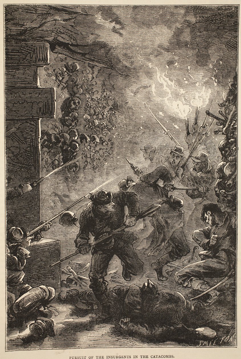 Pronásledování povstalců v katakombách, květen 1871, ilustrace z Cassells Historie války mezi Francií a Německem, 1870-1871 od French School