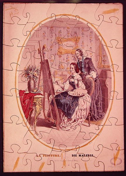 Dílky skládačky zobrazující ženu malující u stojanu, cca 1840-50 (barevná litografie) od French School