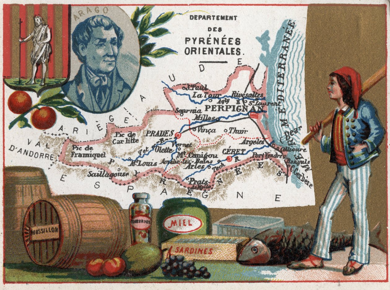 Pyrenees Orientales (66), Languedoc-Roussillon, Languedoc Roussillon, Francie. Portrét Dominique Francois Jean Arago (1786-1853). Místní specialita: Med a sardinky. Seriál o francouzských departementech. Chromolitografie (Chromo) „“ geografické vlákno od French School