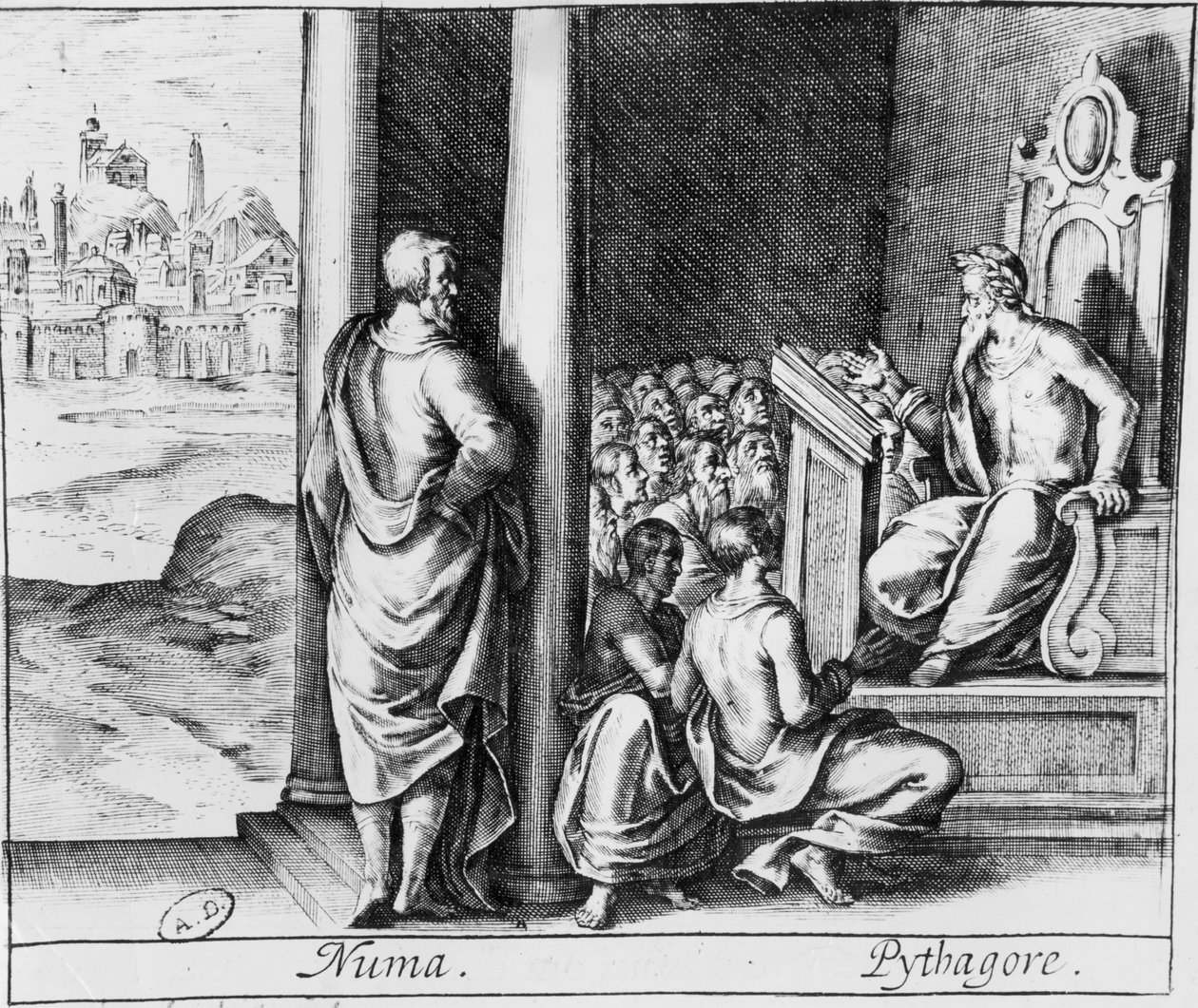 Pythagoras (asi 570-480 př.nl) vyučující třídu studentů, ilustrace z Ovidiových Metamorfóz od French School
