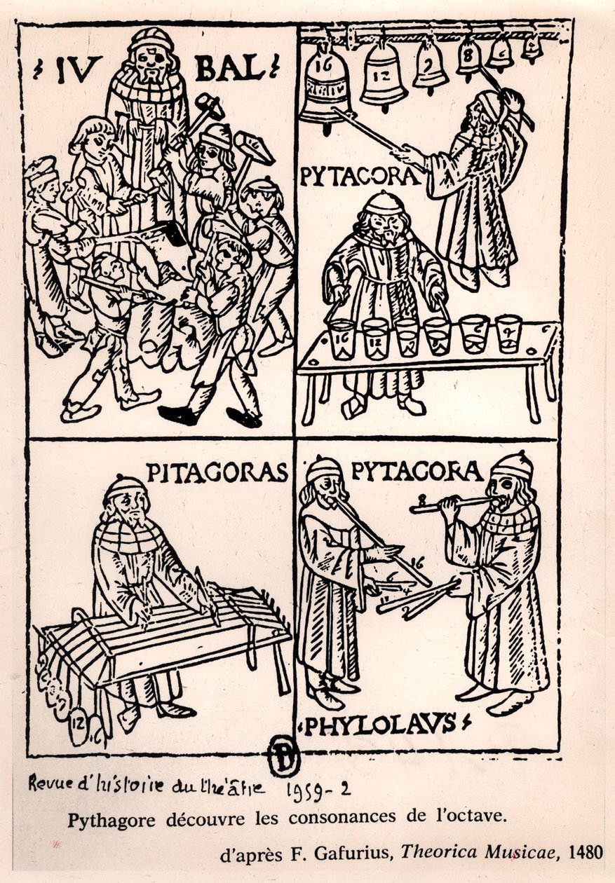 Pythagoras (asi 580-500 př. n. l.) objevující souzvuky oktávy z Theorica Musicae od Franchina Gaffuria, poprvé publikovaného v roce 1480, z Revue de lHistoire du Theatre, 1959 (bw phot od French School