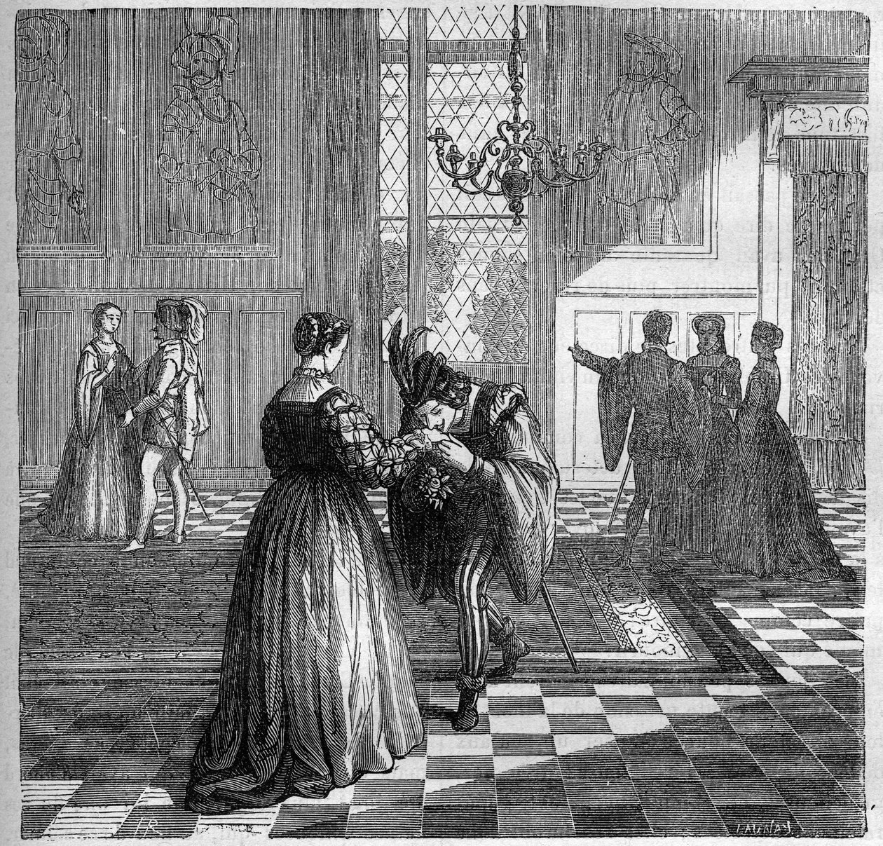 Královna Margarita Navarrská (1492-1549) se setkává s Pominim. Rytina do „Historie prostituce a zhýralosti mezi všemi národy světa od starověku po současnost“ od Dr. Th. -F. Debray. 1879. od French School