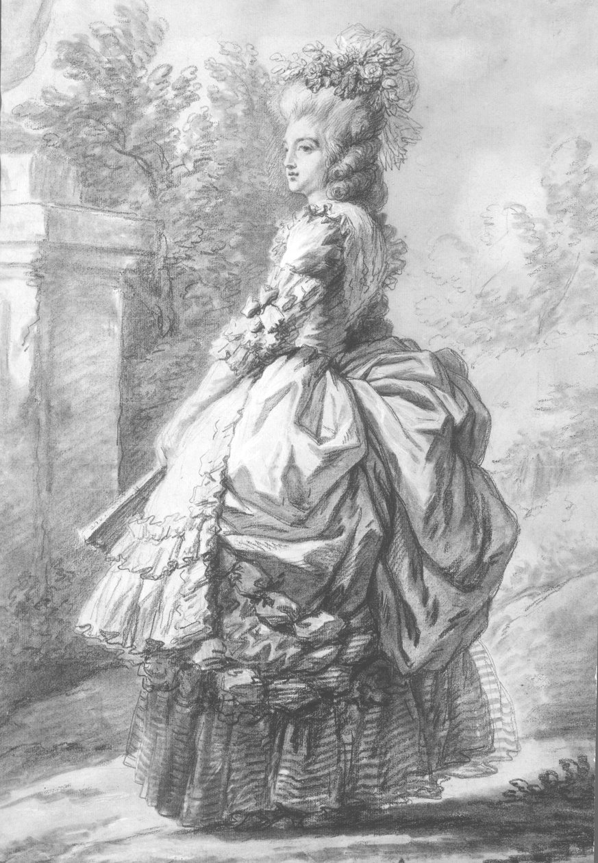 Královna Marie-Antoinetta (1755-93) na procházce v zahradě, 1780 (pero & inkoust a křída na papíře) od French School