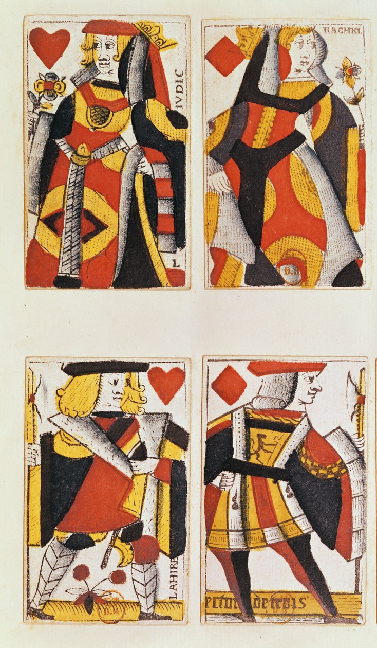 Hrací karty Queen and Jack (barevné dřevoryt) od French School