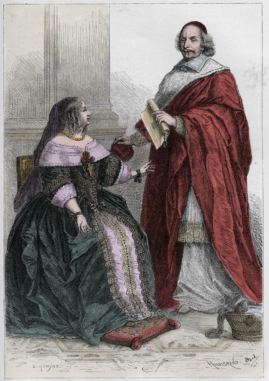 Francouzská královna Anna Rakouská (1601-1666) a kardinál Jules Mazarin (Giulio Raimondo Mazzarino nebo Mazarino) (1602-1661 - Anna Rakouská (1601-66) s kardinálem Mazarinem (1602-61) - rytina „“ L