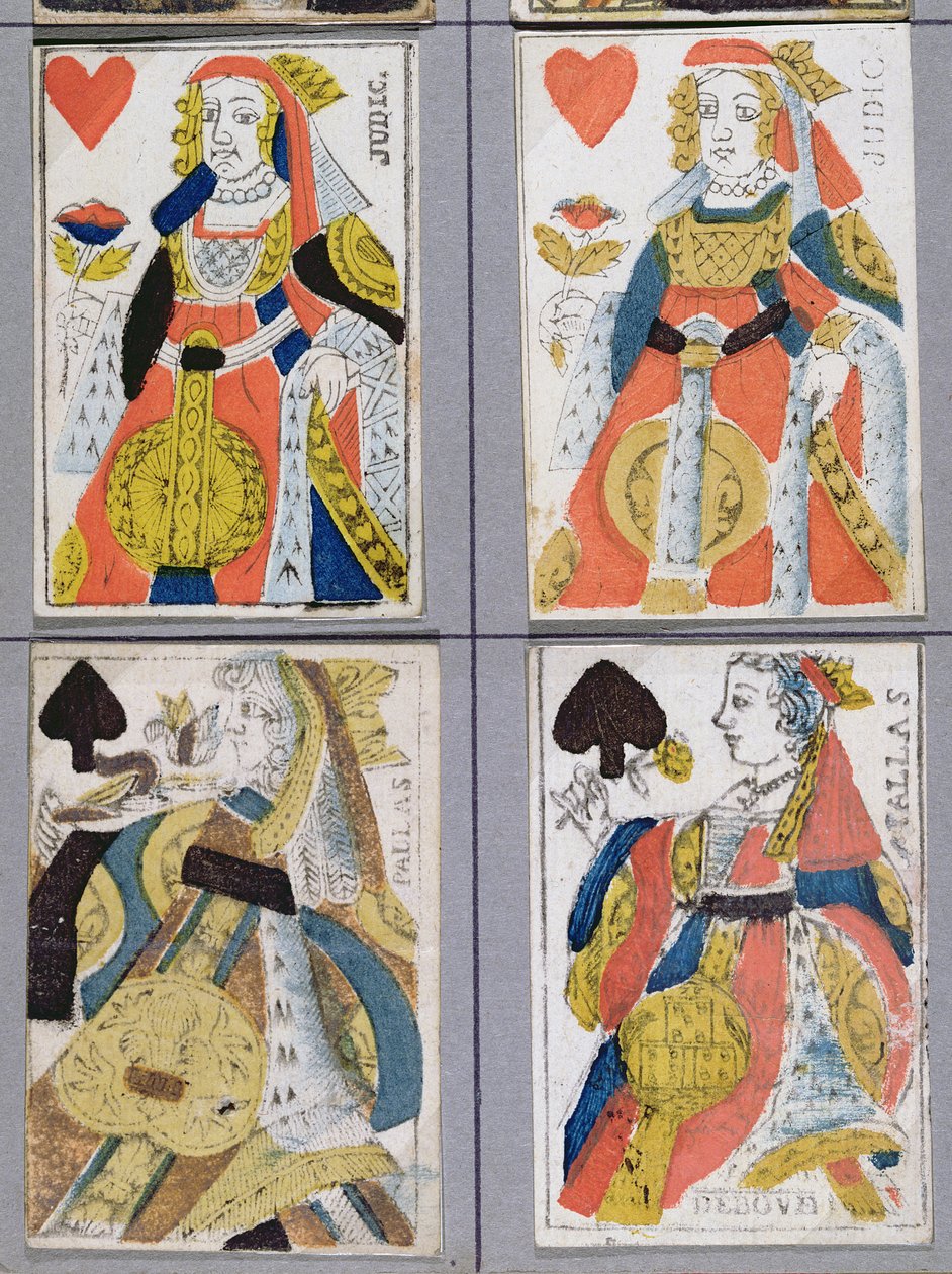 Piková dáma a Srdcová dáma Hrací karty, 17. - 18. století (barevné dřevoryt) od French School