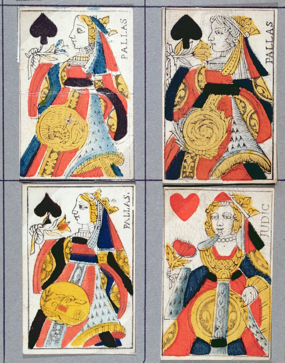 Hrací karty Piková dáma a Srdcová dáma, 17. - 18. století (barevné dřevoryt) od French School