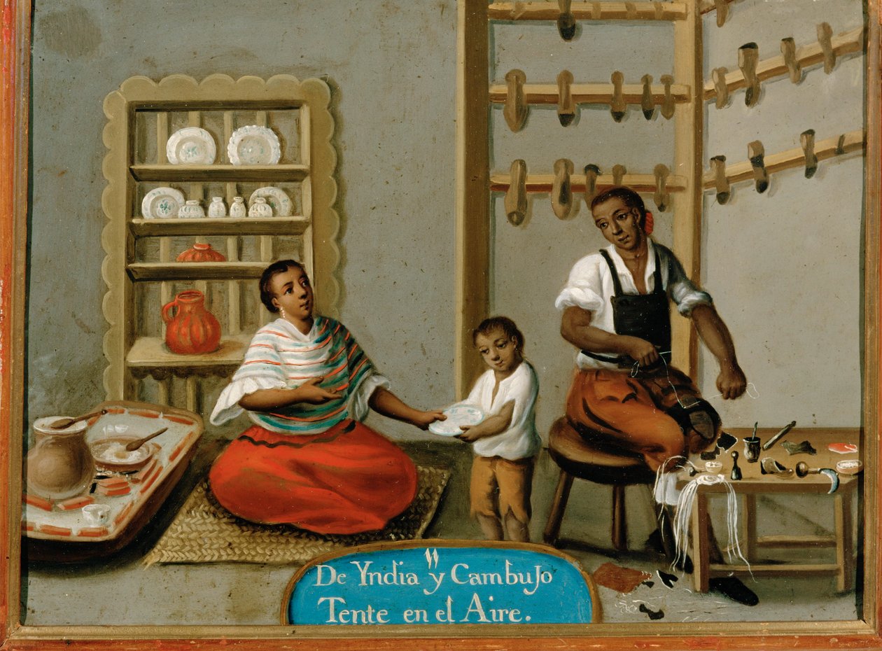 Závody v Mexiku: Mestizo obuvník a prodavač keramiky ve své dílně od French School