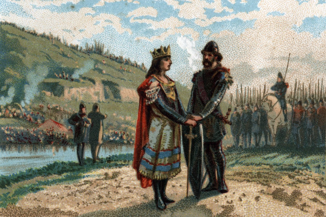 Rainfroy (Rainfroi) starosta aliance paláce Neustria s Frisony a Sasy v boji proti Austrasii. Chromolitografie kolem roku 1890. od French School