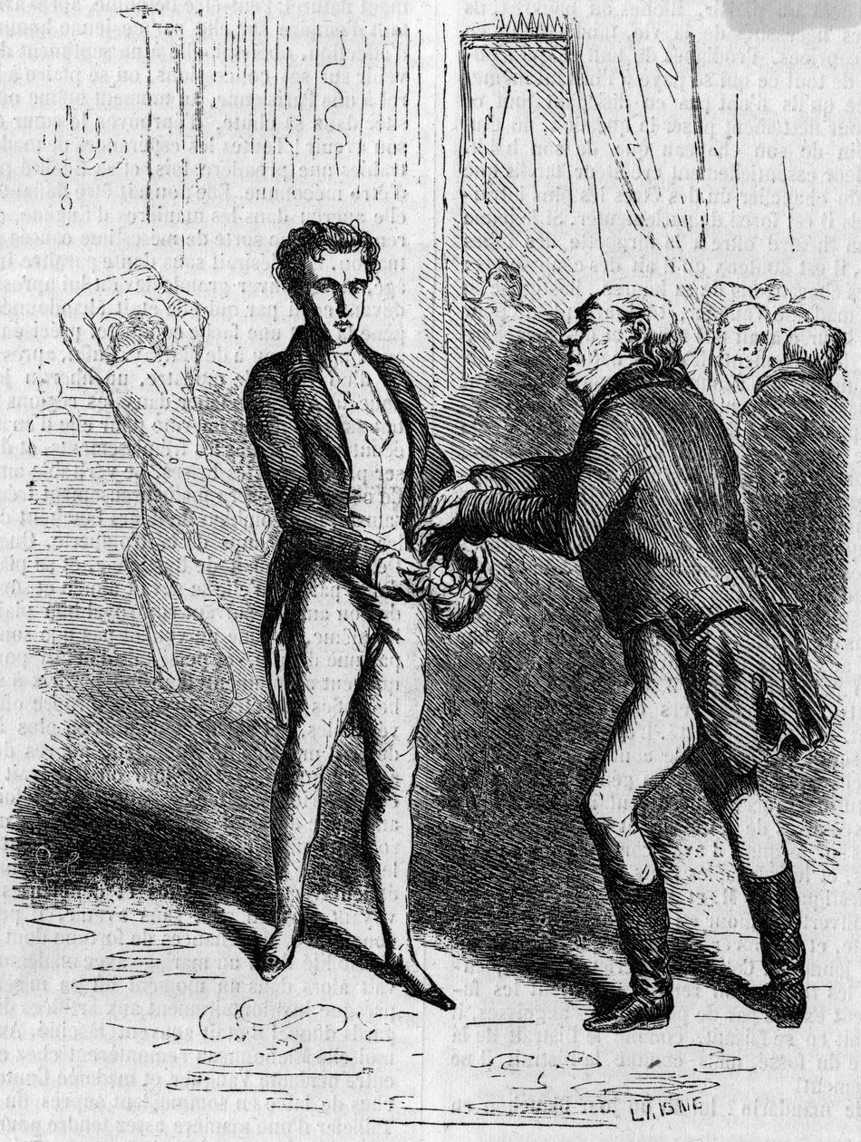 Rastignac závratě nechá bělovlasého vzít deset louisů. Rytina poloviny 19. století. Ilustrace k „Otec Goriot“ od Honore de Balzac (1799-1850). od French School