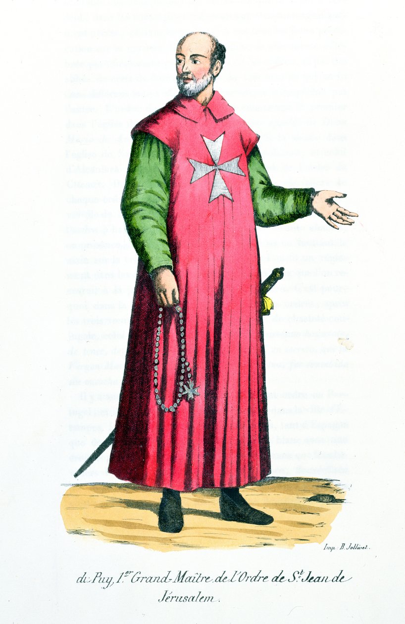 Raymond de Puy (1120-5860), první velmistr řádu svatého Jana Jeruzalémského, ilustrace z knihy Dějiny a kostýmy mnišských řádů od otce Helyota, 1842. od French School