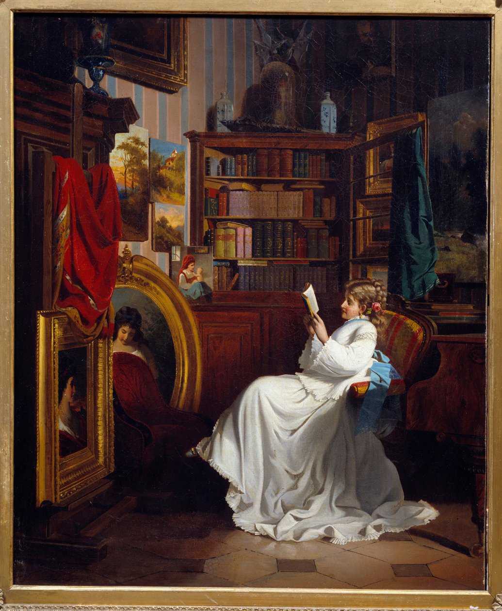 Čtení dívka čtení knihy v kanceláři. Malba francouzské školy. Soukromá sbírka 19. století od French School