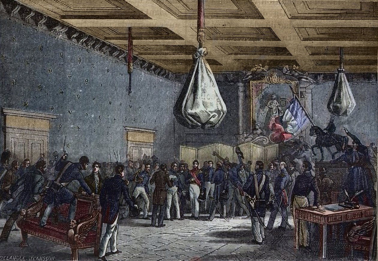 Čtení projevu Poslanecké sněmovny v Hotel de Ville v Paříži dne 31. července 1830 - Louis-Philippe (1773-1850), francouzský král (1830-48); prohlásil poslaneckou sněmovnou za krále a nabídl trůn výměnou za omezení pravomocí; Následující od French School