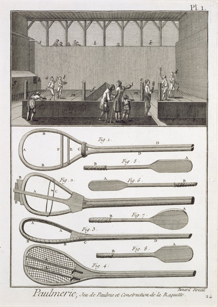 Skutečný tenis a konstrukce raket, z encyklopedie Denise Diderota (1713-84), vyrytého Robertem Benardem (nar. 1734), vydané kolem roku 1770 od French School