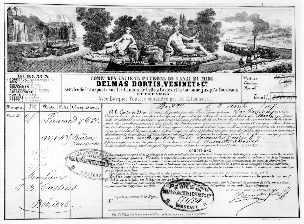 Potvrzení vydané společností Compagnie du Canal du Midi pro přepravu zboží z Bordeaux do Beziers, 1857 (černobílá fotografie rytiny) od French School