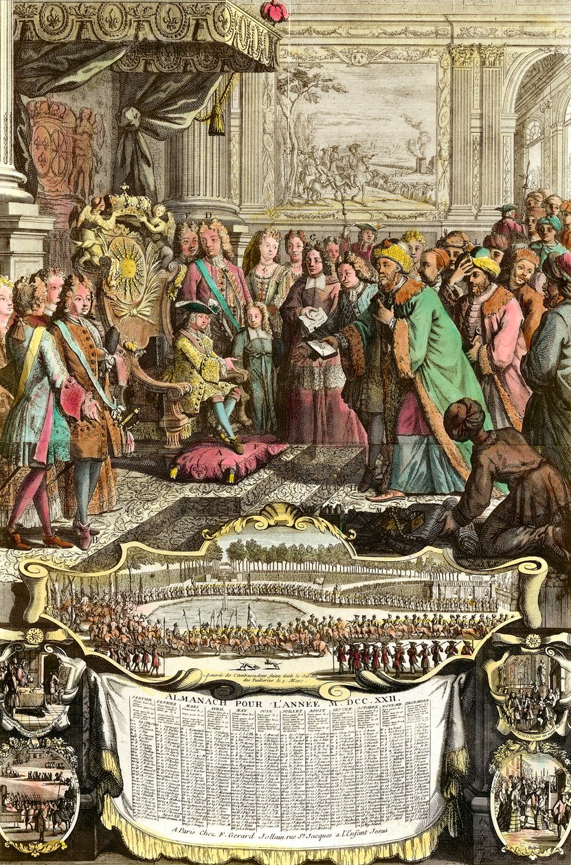 Přijetí tureckého velvyslance velkého sultána Achmeta Mehemeta Effendiho Ludvíkem XV. 21. března 1721 v Tuileriích. Rytina z 18. století. Soukromá sbírka. od French School