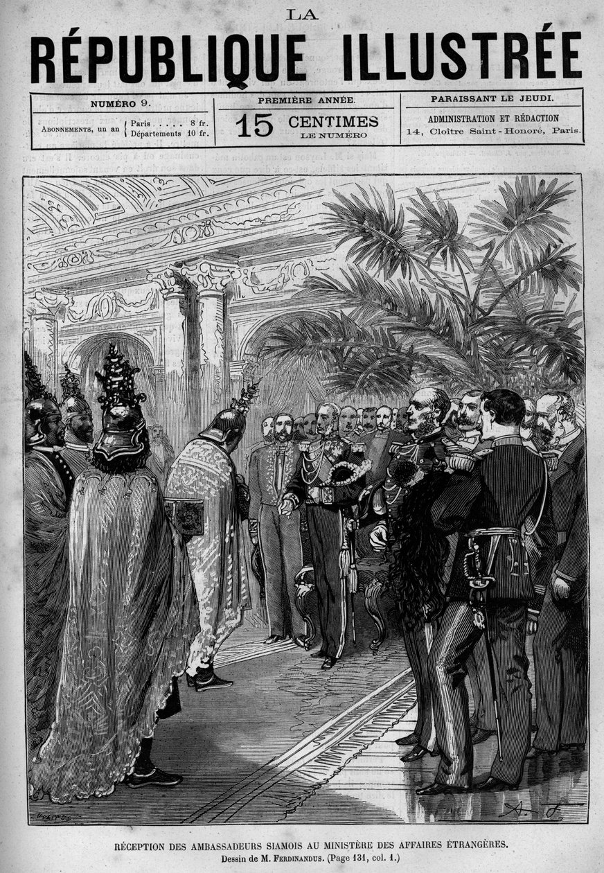 Přijetí siamských velvyslanců na ministerstvu zahraničních věcí. Noviny. Rytina z roku 1880 v soukromé sbírce „La republique illustree“. od French School