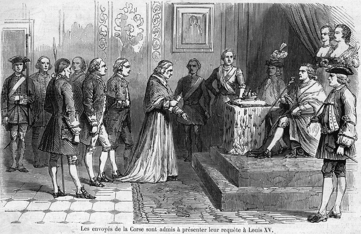 Přijetí korsické deputace králem Ludvíkem XV. (1710-1774) v roce 1769. Vyslanci žádají o připojení ostrova k Francii. od French School
