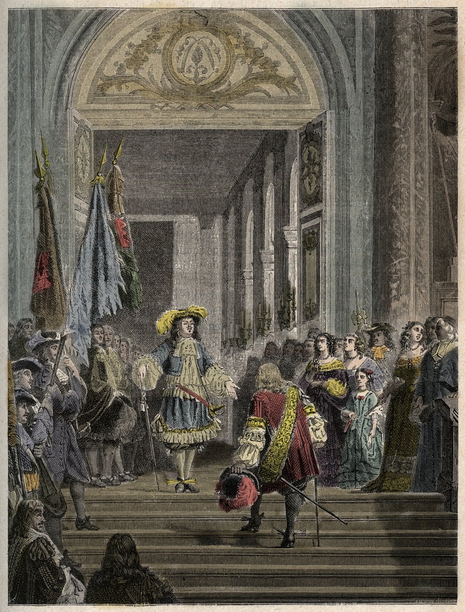 Recepce Grand Conde ve Versailles Ludvíkem XIV. - schodiště velvyslanců - Recepce Grand Conde (Ludvíka II. Bourbonského Conde) francouzským králem Ludvíkem XIV. do Versailles v roce 1674. rytina „“ PATRIE“““ - POPIS PECTURERICIAL DE od French School
