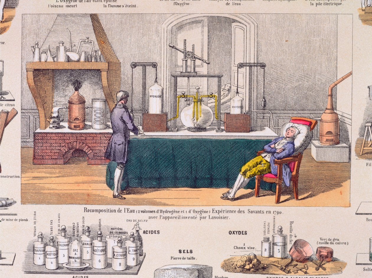 Rekompozice vody z vodíku a kyslíku: Antoine Laurent de Lavoisier (1743-94) experimentující s dýcháním odpočívajícího muže, ilustrace z naučné desky, kolem 1860 (barevná rytina od French School