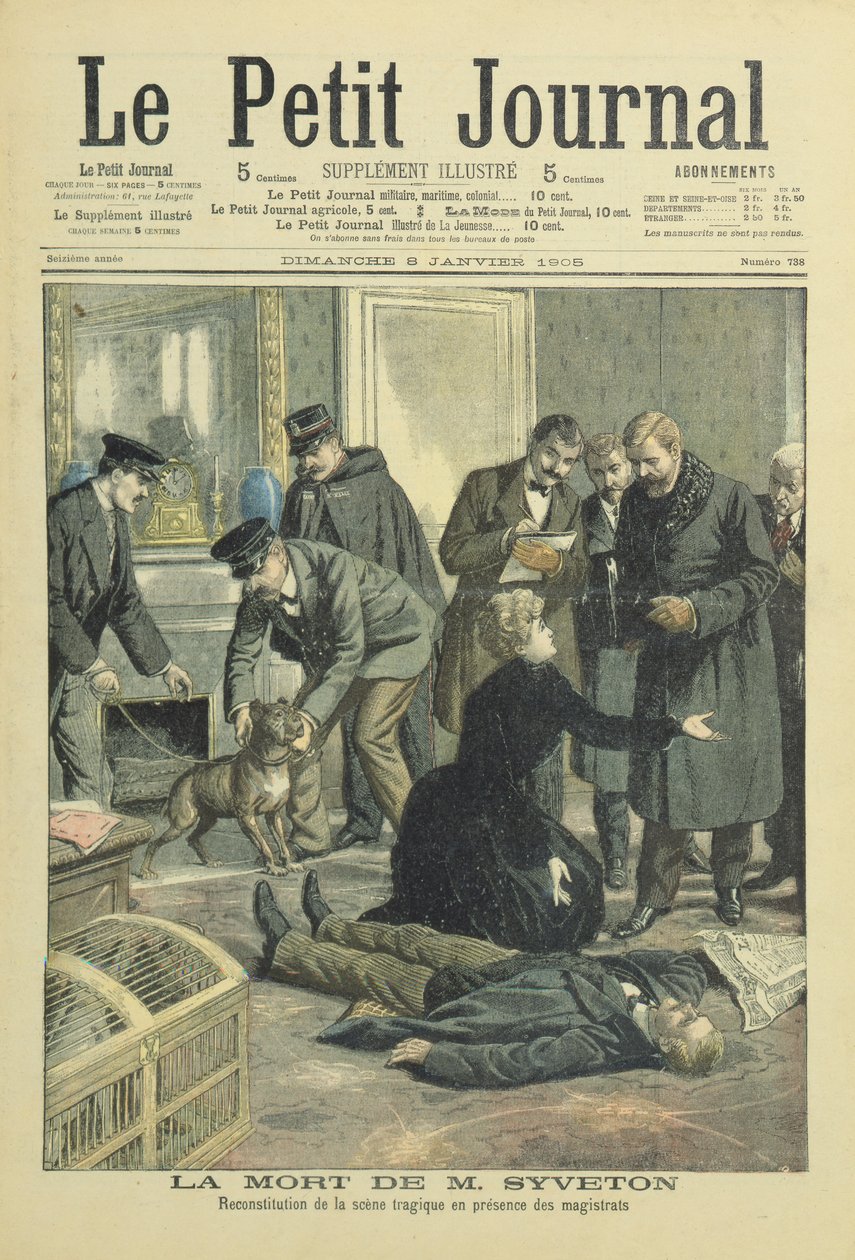 Rekonstrukce smrti Gabriela Syvetona, ilustrace na obálce z Le Petit Journal, 8. ledna. 1905 od French School