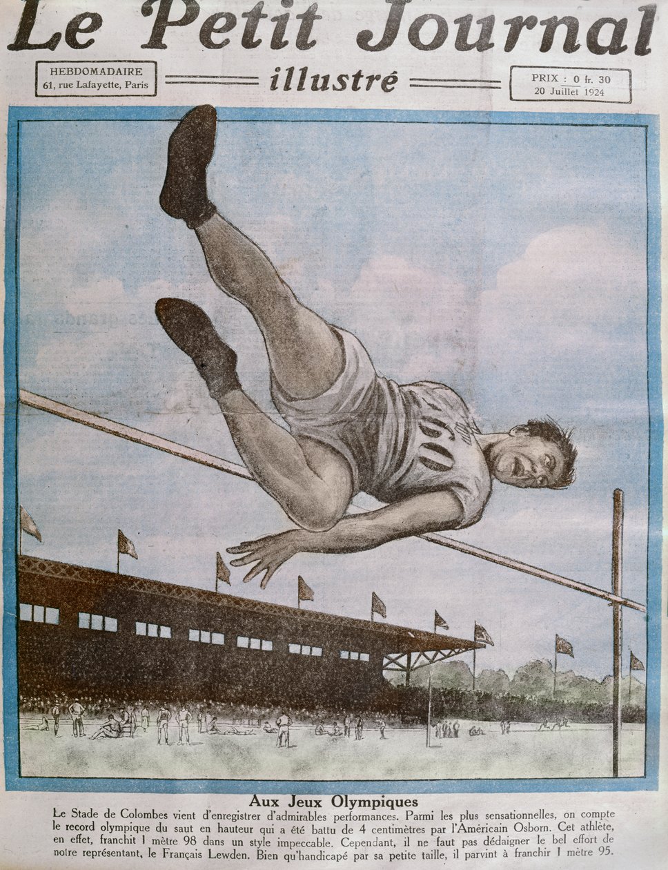 Rekordní skok vysoký na 8. olympijských hrách, Paříž, 1924, ilustrace na obálce z Le Petit Journal 20. července 1924 od French School