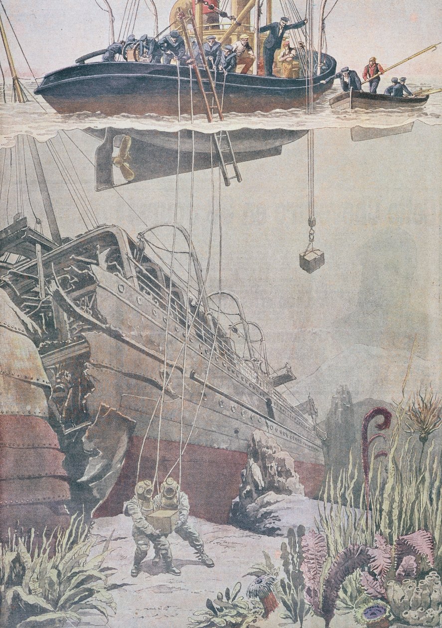 Získání pokladu z vraku Oceany, ilustrace z Le Petit Journal, 1912 od French School
