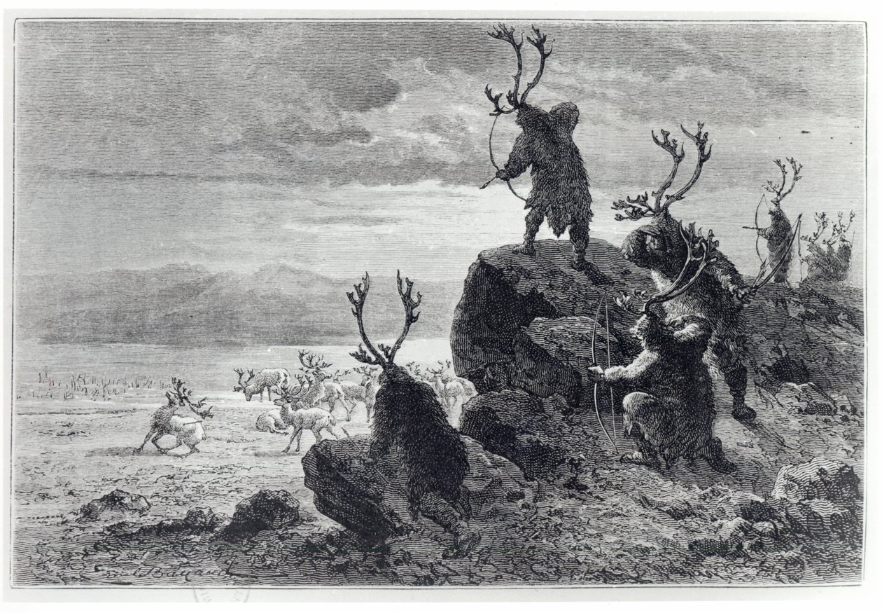 Lov sobů v době kamenné, ilustrace z LHomme Primitif, Louis Figuier (1819-94), vydal Hachette, 1870 od French School