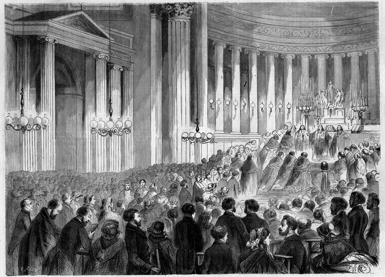 Náboženský obřad, Paříž, Noel 1857: oslava půlnoční mše v kostele Madeleine. Rytina v „“ Le Monde Illustré““ č. 38 z 2. ledna od French School