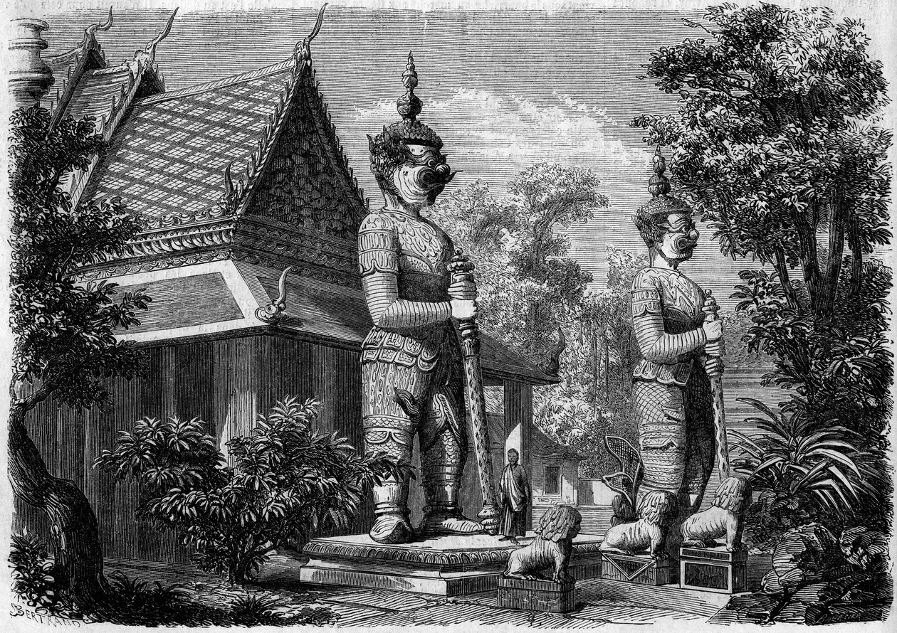 Náboženská architektura: vnější pohled na pagodu v Bangkoku (Siam) v roce 1861. Rytina v „“ Le Monde Illustré““ č. 223 z 20. července 1861. od French School