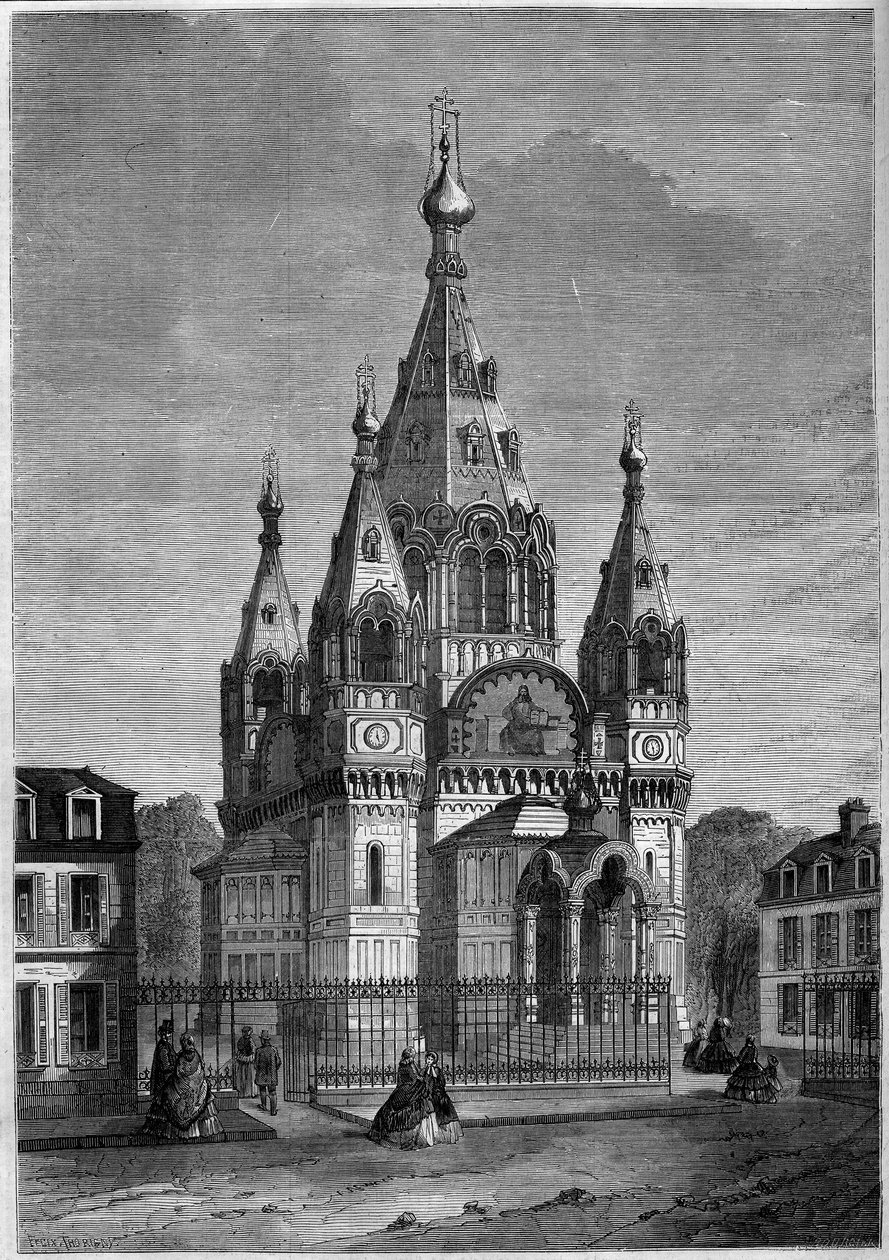 Náboženská architektura: vnější pohled na ruskou pravoslavnou katedrálu svatého Alexandra Něvského, Paříž od French School