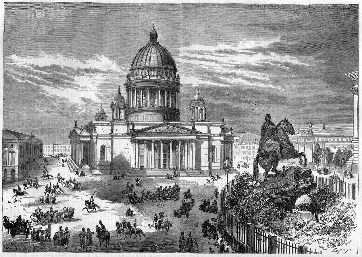 Náboženská architektura: pohled na pravoslavný kostel svatého Izáka (1819-1858) v Petrohradě (Saint Petersburg) v Rusku, postavený podle plánů architekta Ricarda de Montferrand (1786-1858). Vpravo je jezdecká socha Petra od French School