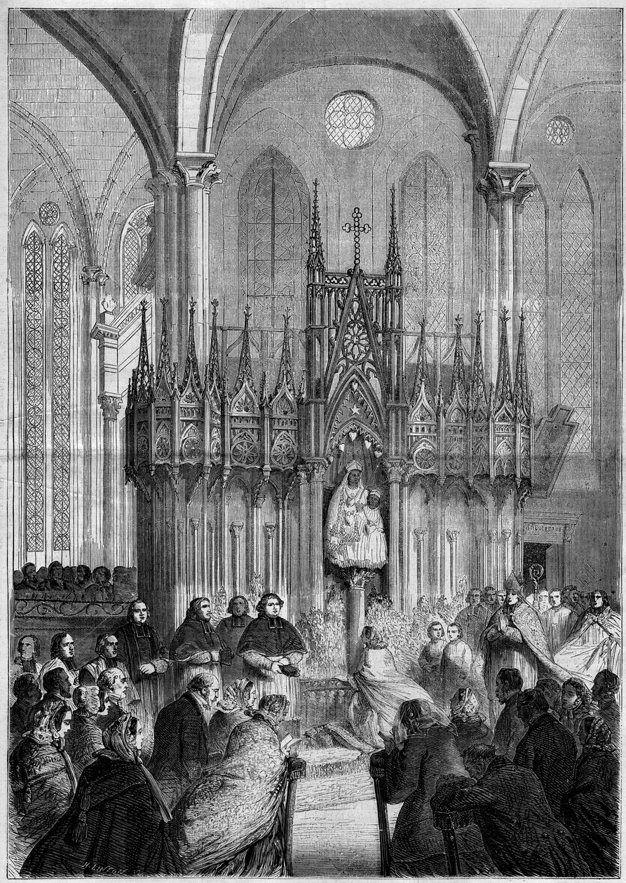 Náboženské umění: socha Notre Dame du Pillar neboli „“Virgo Noire““ (asi 1540) v katedrále v Chartres (Eure et Loire, 28) v roce 1858. Rytina v „“Le Monde Illustré““ č. 89 z 25. prosince 1858. od French School
