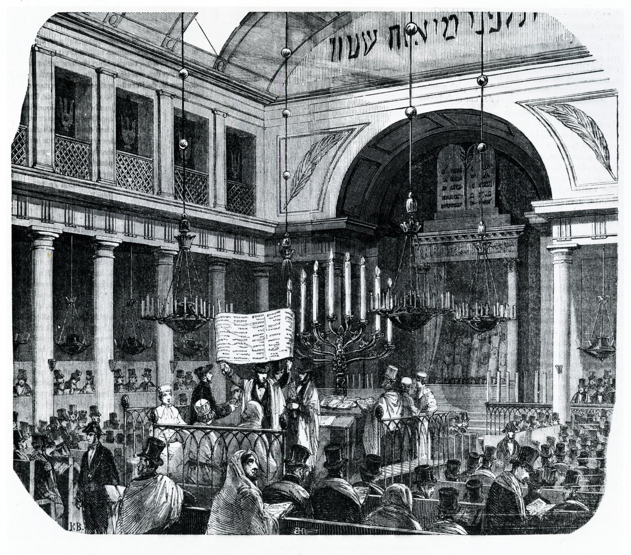Náboženský obřad ve staré pařížské synagoze pro Roš hašana, ilustrace z Le Tableau de Paris od Edmonda Texiera, publikoval v Paříži, 1852 od French School