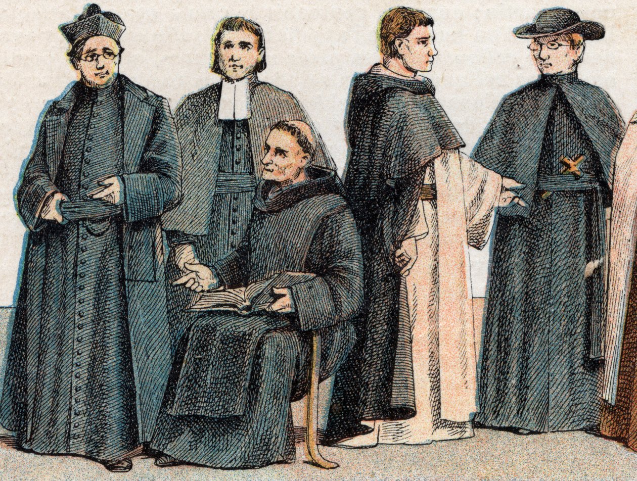 Náboženské kostýmy: z g a d portrét jezuity, otce Mariste (Marcellin Champagnat), benediktinského mnicha, dominikánského mnicha a obláta - Rytina - Náboženské kostýmy: zleva doprava, portrét jezuity, bratra Marista, benediktina po od French School
