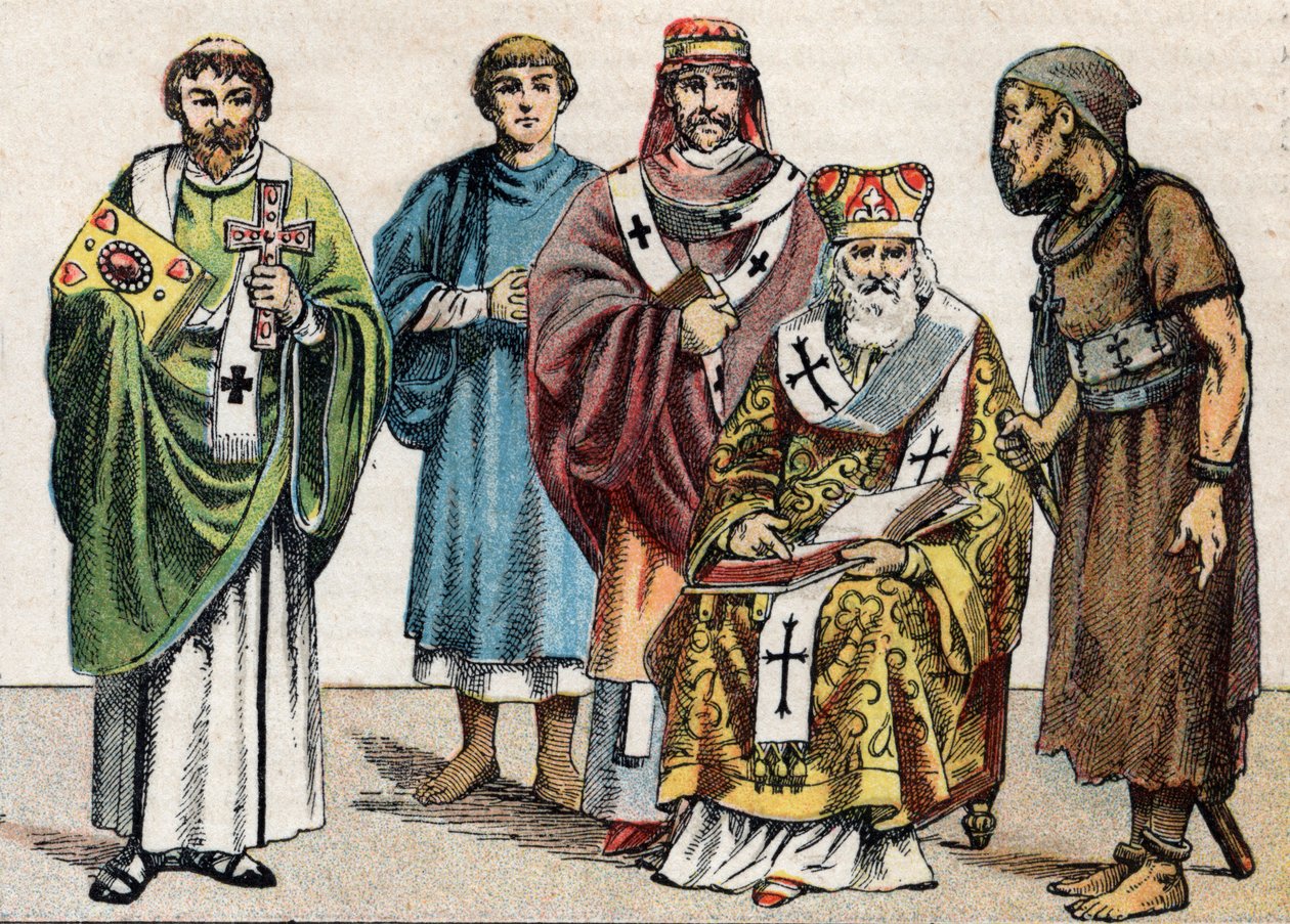 Náboženské kostýmy v antice: od g a d portrét byzantského jáhna, křesťanského kněze 1. století, eveque v 5. století, byzantského patriarchy a anachoreta - Rytina - Náboženské kroje ve starověku: zleva do r od French School