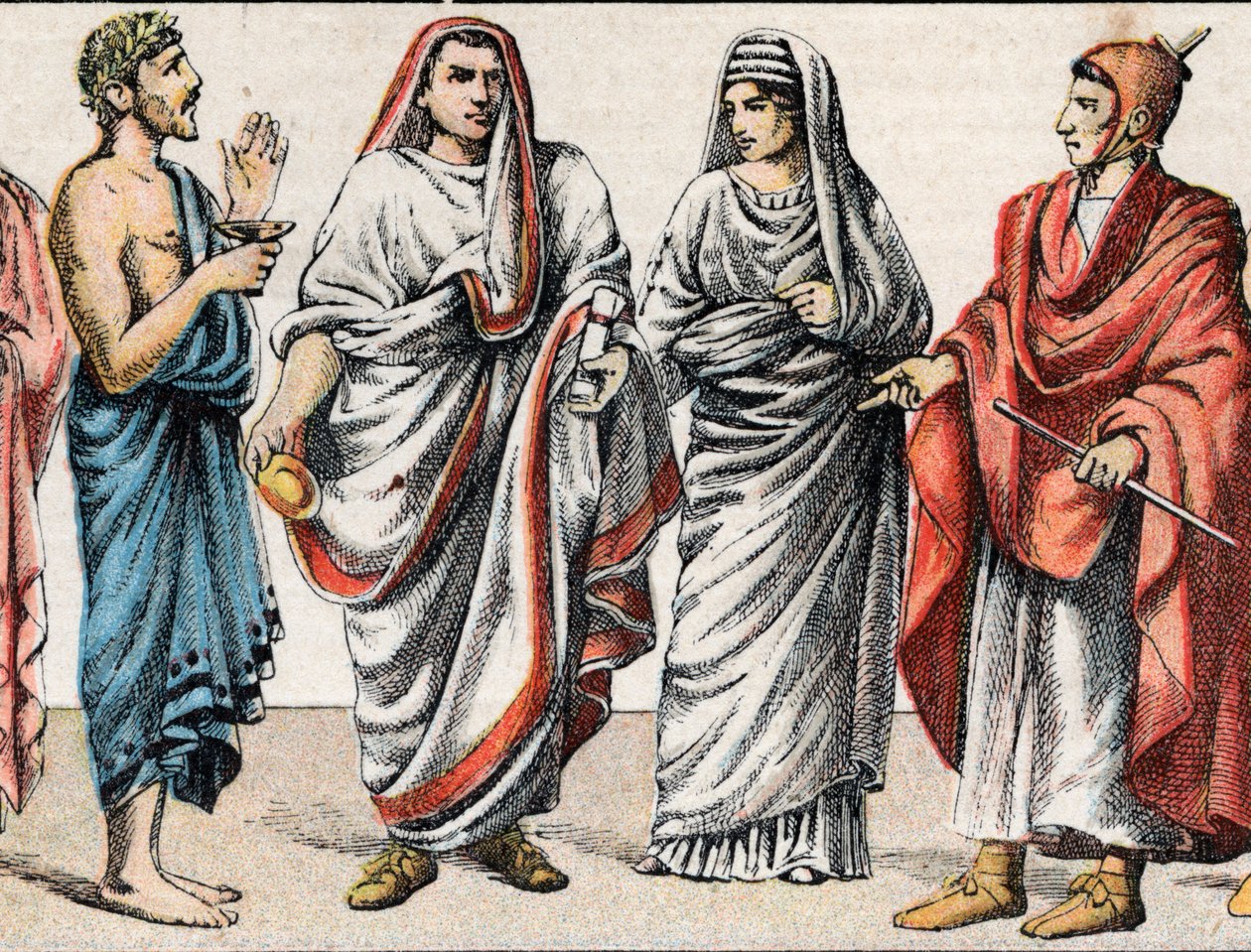 Náboženské kostýmy ve starověku: z portrétu řeckého kněze, ministra obětí, velkého pontifika ve starověkém Římě (Pontifex maximus), vestálky, přehrady starověkého Říma a plameňáka (flamen) římského kněze oddaného uctívání jednoho Bůh od French School