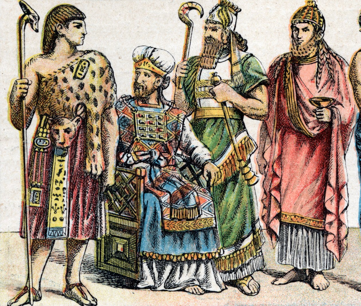 Náboženské kostýmy ve starověku: z g a d portrét egyptského velekněze, hebrejského velekněze, asyrského krále v slavnostním oděvu a fénického kněze - Rytina - Náboženské kostýmy ve starověku: zleva doprava, portrét e od French School