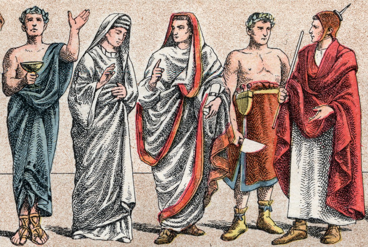 Náboženské kostýmy ve starověku: z portrétu řeckého kněze, obětního kněze, vestálky, přehrady starověkého Říma a velkého pontifika ve starověkém Římě (Pontifex maximus), římského kněze popa a flamen (flamen) oddaného uctívání z o od French School
