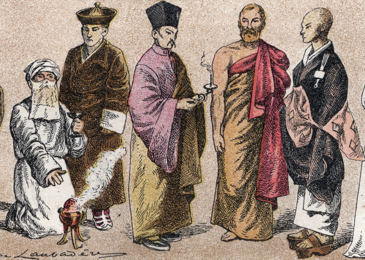 Aasian uskonnolliset puvut: g a d:sta muotokuva papista Parsista (parsismin jäsenestä tai seuraajasta), lamasta (tiibetiläinen hengellinen mestari), kiinalainen buddhalainen pappi, Ceylonin bonze ja japanilainen buddhalainen pappi - Kaiverrus - Uskonnollis od French School