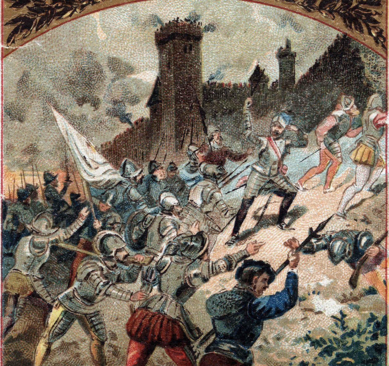 Náboženské války: Hugenoti dobyli hrad Dampierre v roce 1567. Chromolitografie konce 19. století od French School