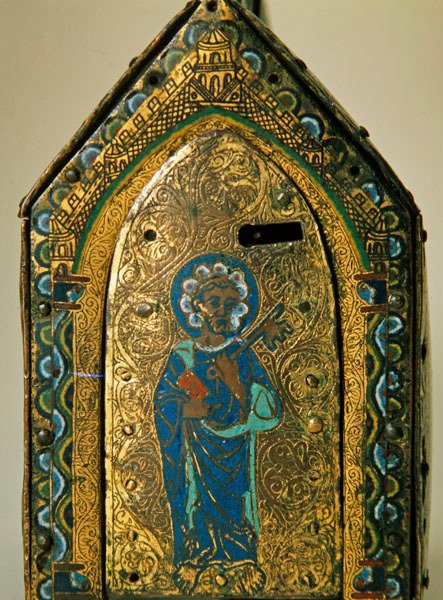 Relikviářová rakev se scénami ze života sv. Valerie, Limoges, kolem 1175 (dřevo, měď a cloisonne smalt, ryté a zlacené) od French School