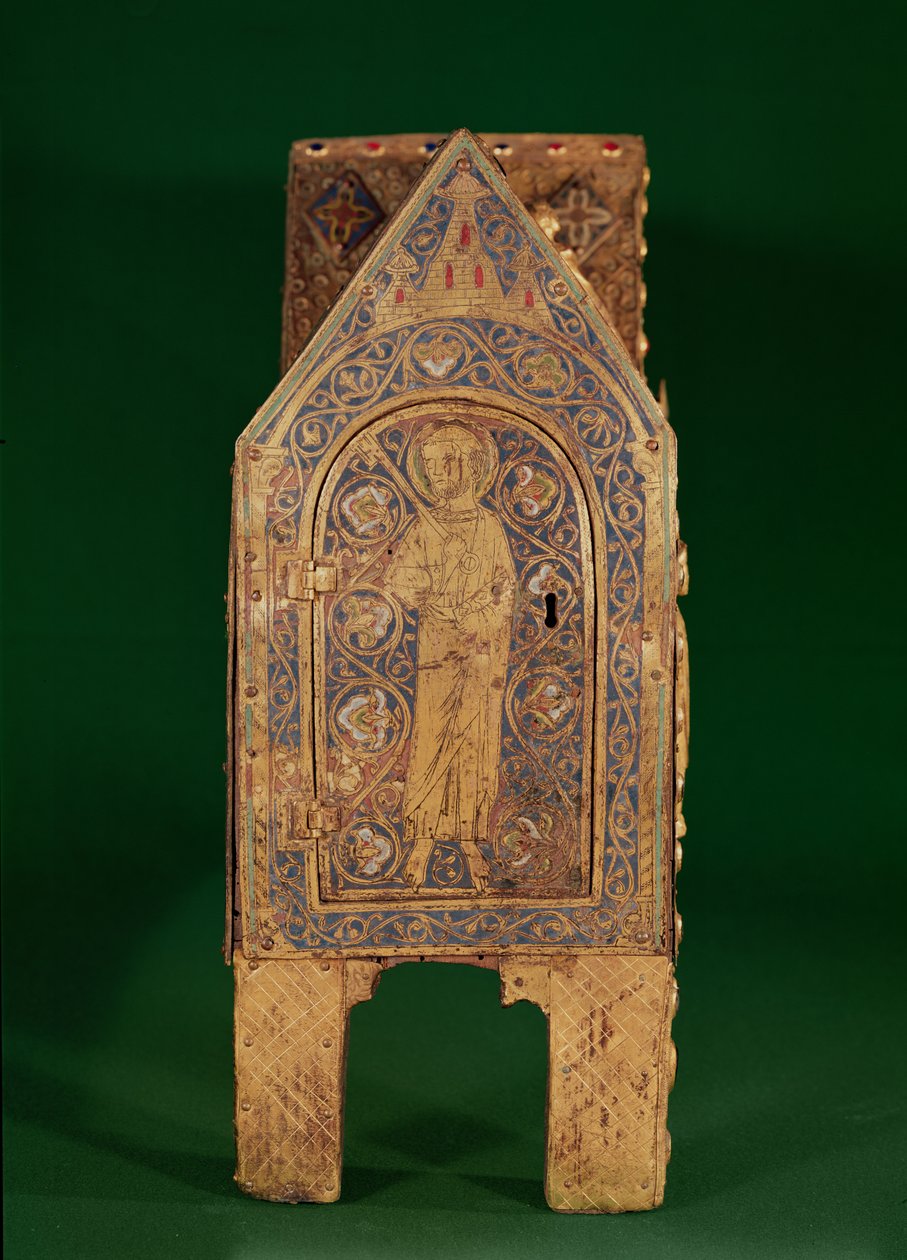 Relikviářová truhla sv. Calminia, detail sv. Petra držícího klíče, Limoges (měď a champleve smalt) od French School