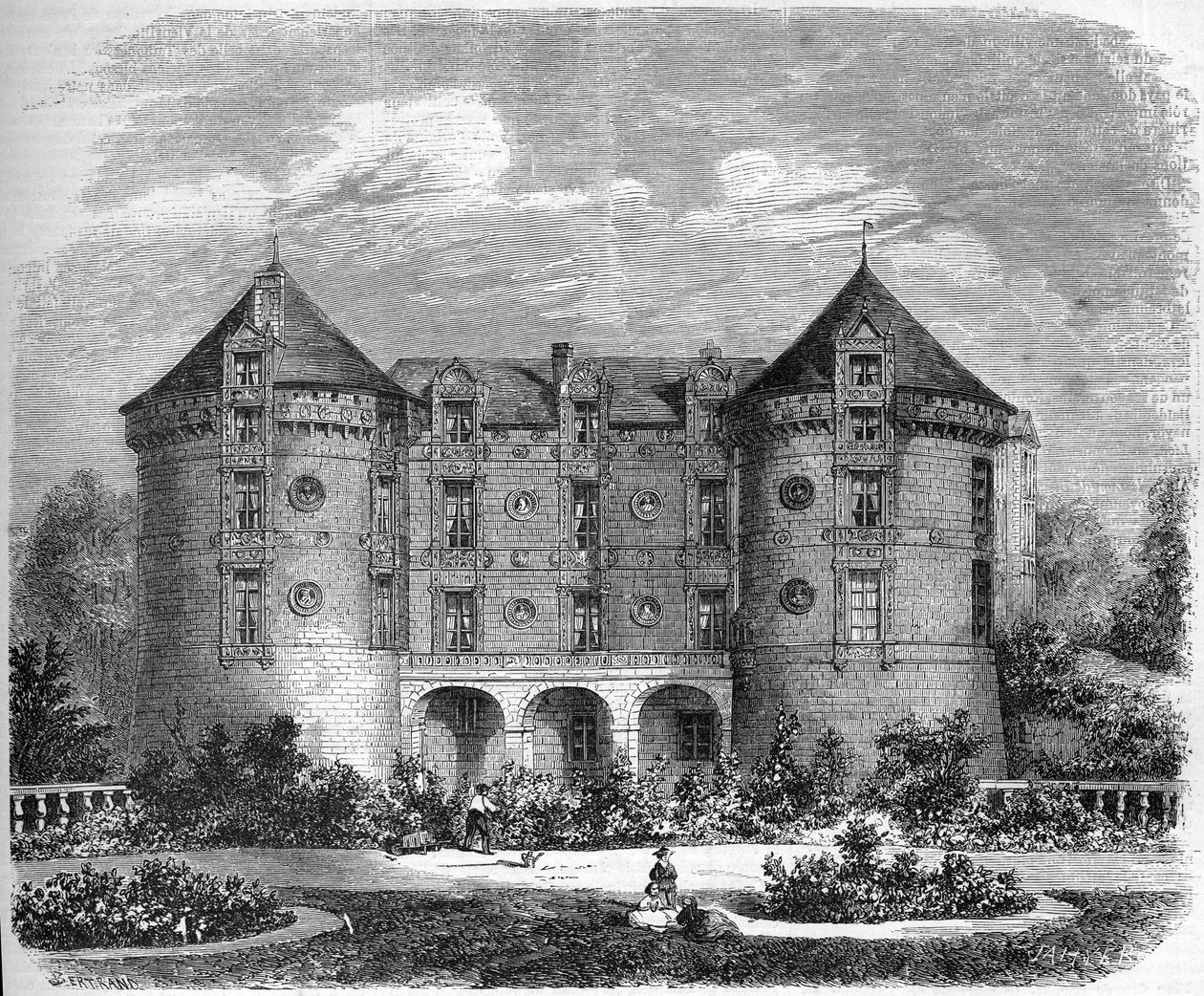 Renesanční architektura - zámky na Loiře: pohled na průčelí Chateau du Lude v roce 1857. Le Lude, Sarthe (72). Rytina v „“ Le Monde Illustré““ č. 28 z 24. října od French School