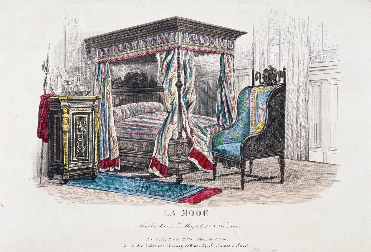 Interiér v renesančním stylu revidovaný a interpretovaný podle vkusu éry Napoleona III, rytina z časopisu La Mode (Móda), Francie od French School
