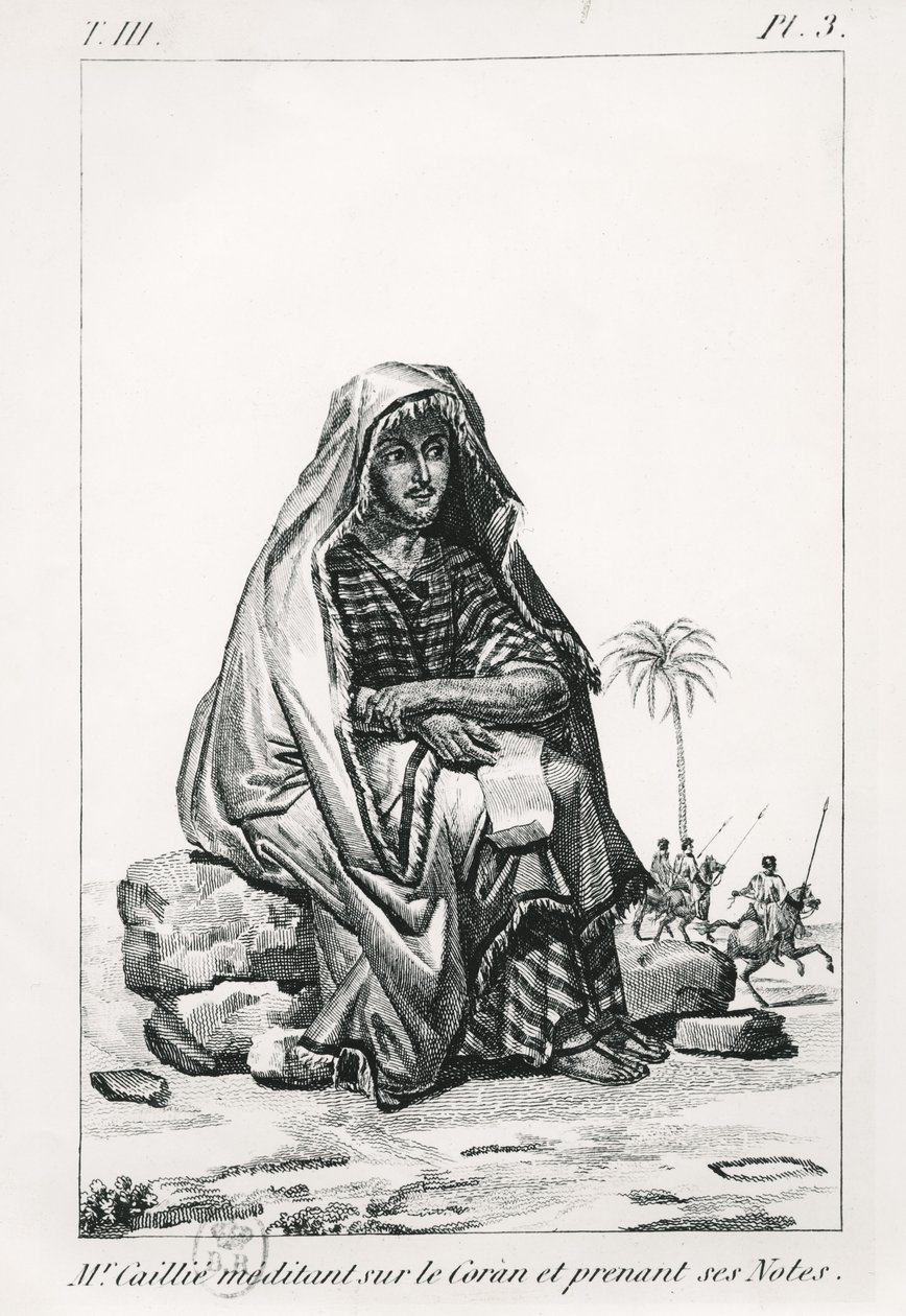 Rene Caille přemítá o Koránu a dělá si poznámky, z Journal dun voyage a Tombouctou od Rene Caillie (1799-1838), 1830 od French School